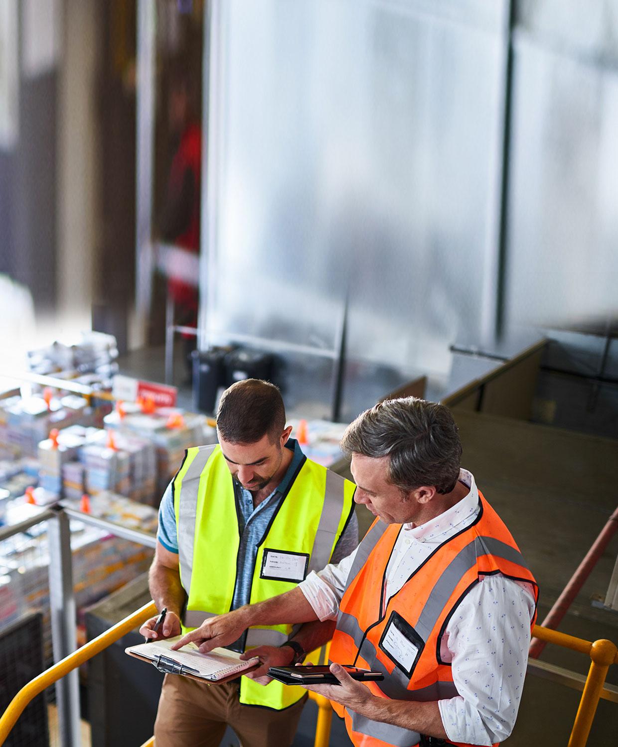 Two men consult a clipboard in a warehouse setting. They are wearing safety vests.