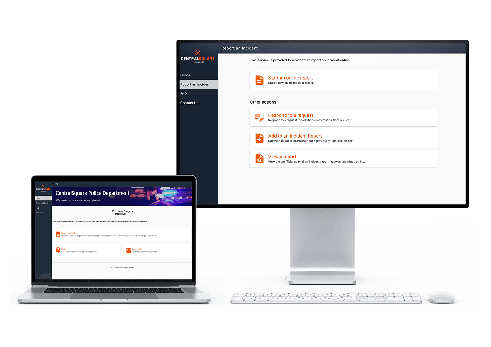 A laptop and desktop mockup of the Citizen Reporting dashboard.