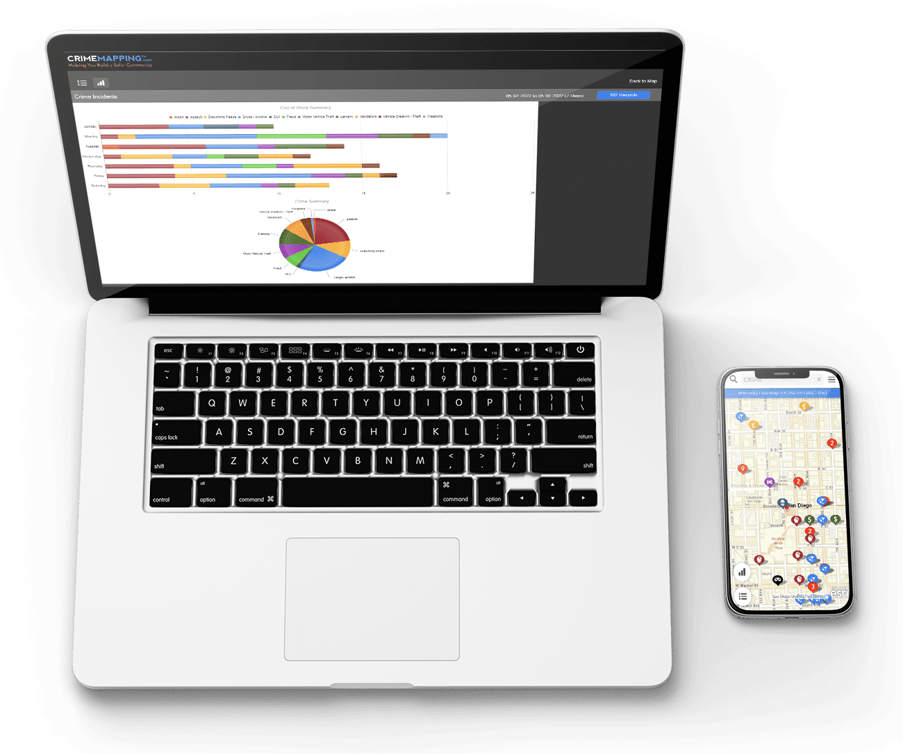 A laptop and a mobile phone display different views of data in CentralSquare's Crimemapping solution - the phone view is a map with different color markers placed across the map section while the laptop shows a pie chart.