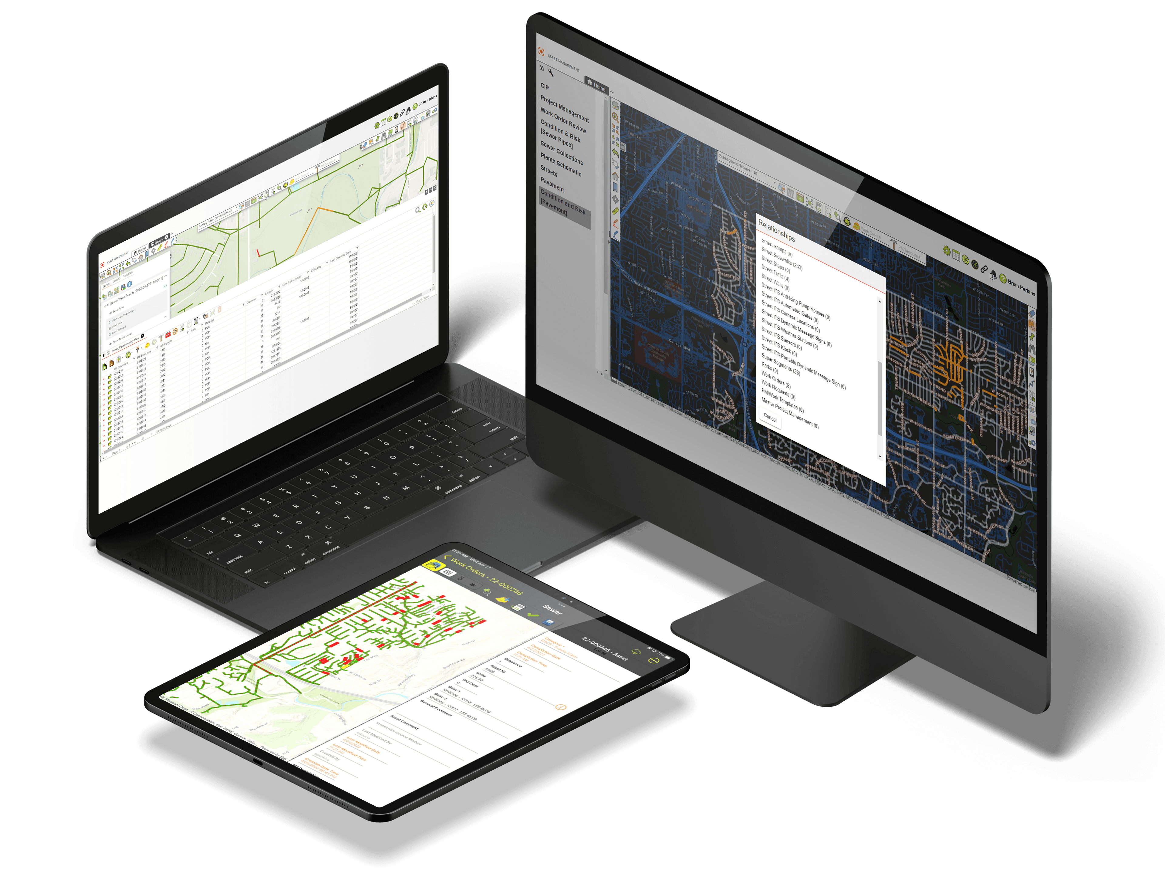 A desktop, laptop and tablet display different views of CentralSquare's versatile Enterprise Asset Management solution.