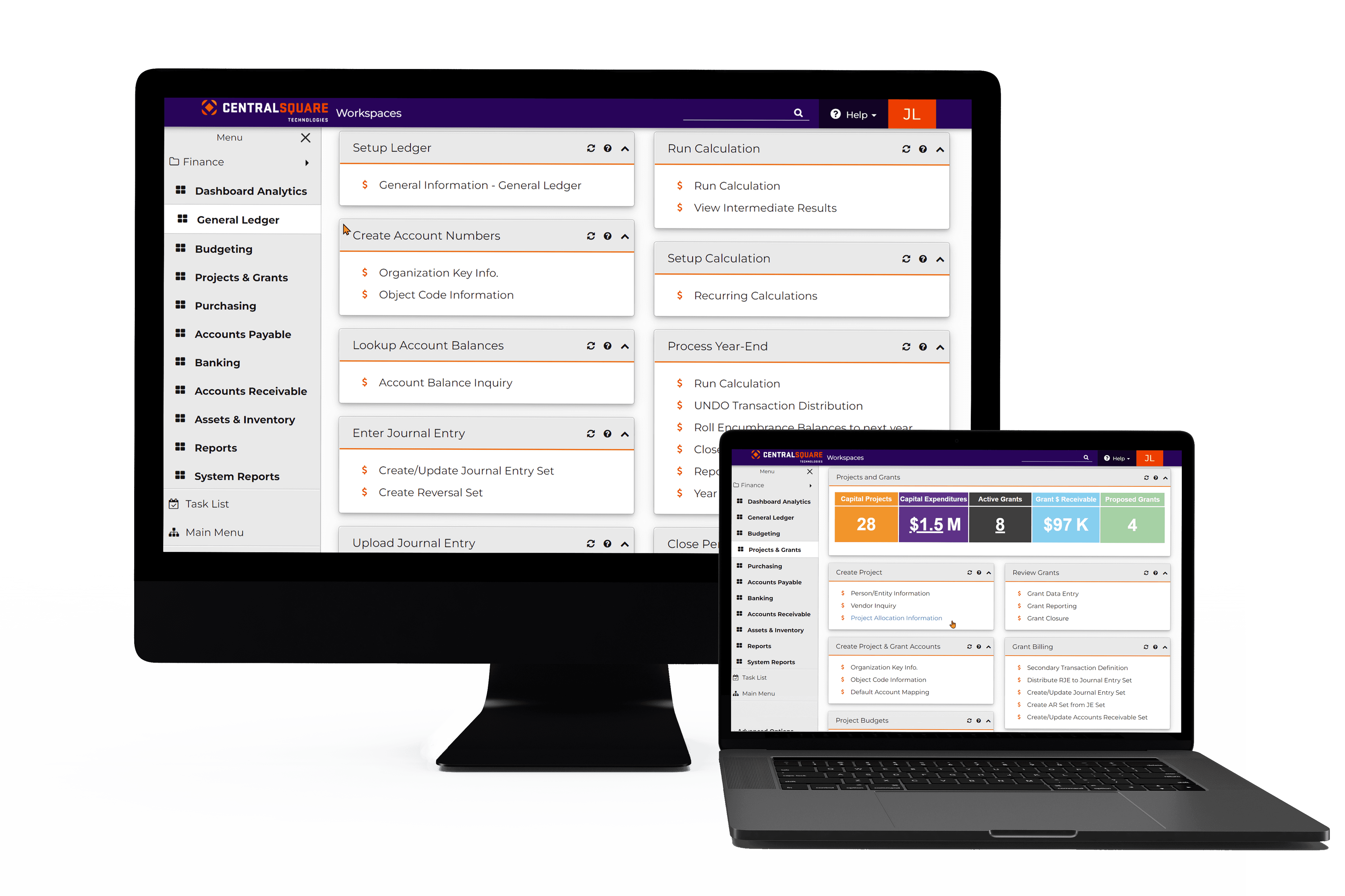 A desktop and laptop screen display different views of CentralSquare's Finance Enterprise Solution.