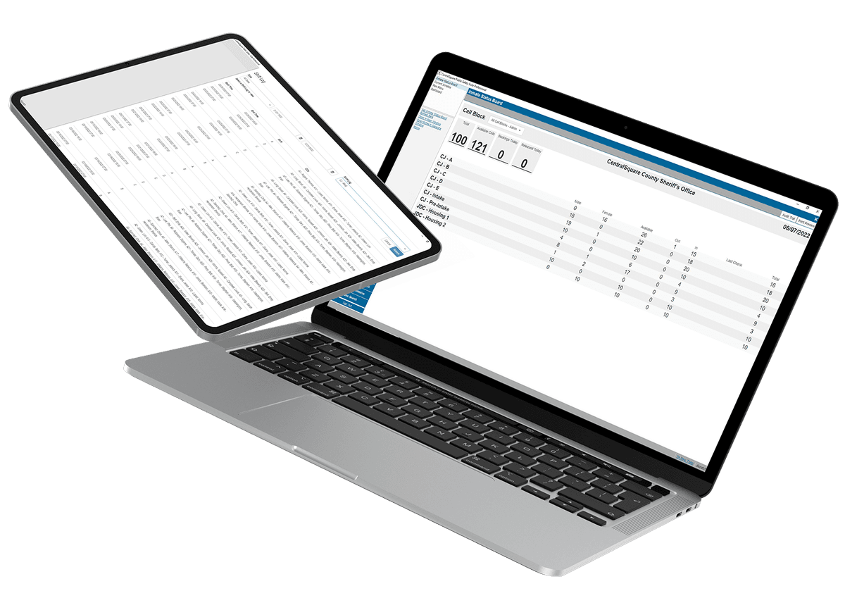 A laptop and tablet, both displaying different interface views of CentralSquare's Jail solution.