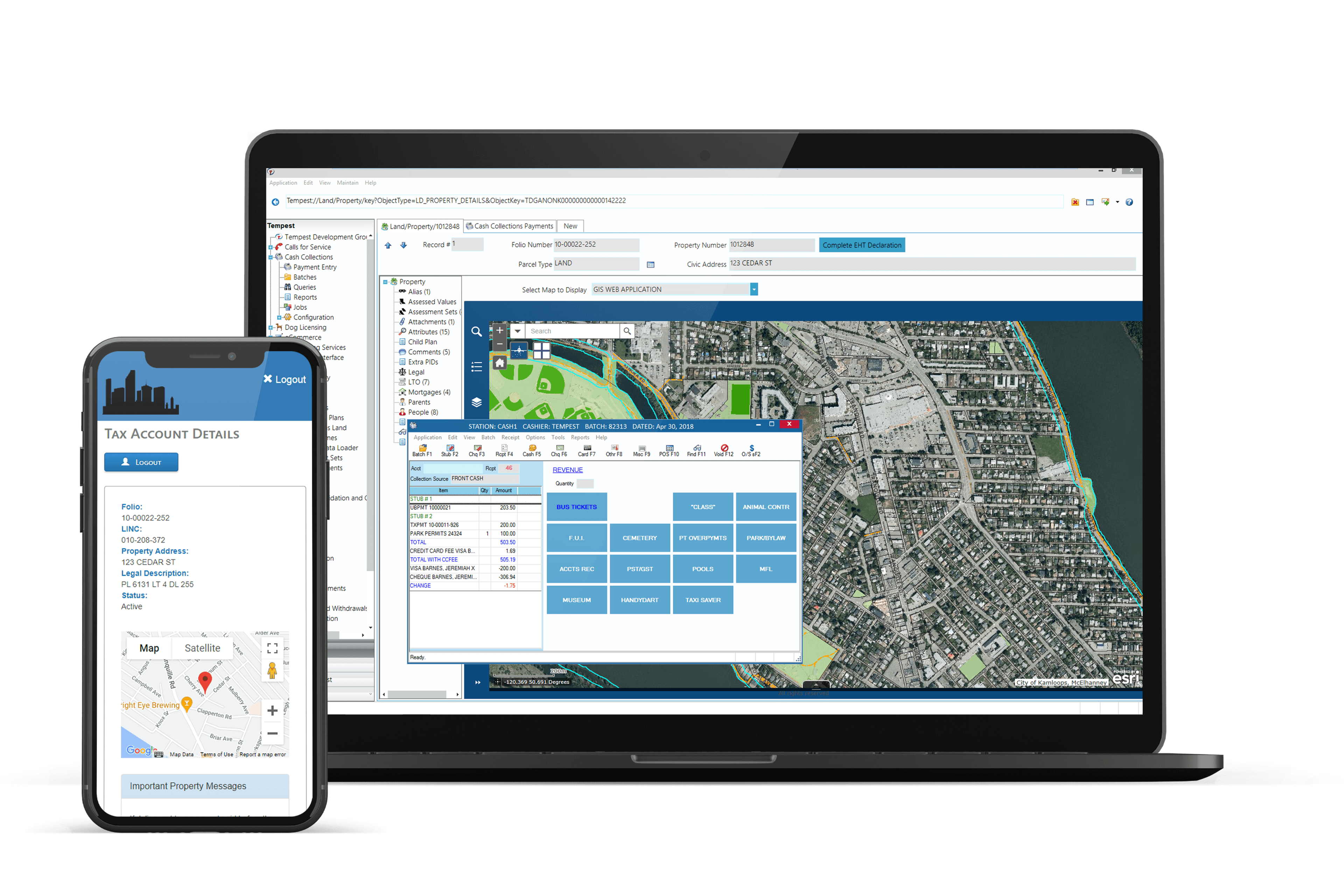 A desktop and mobile phone with a screenshot of the CentralSquare Tempest solution.