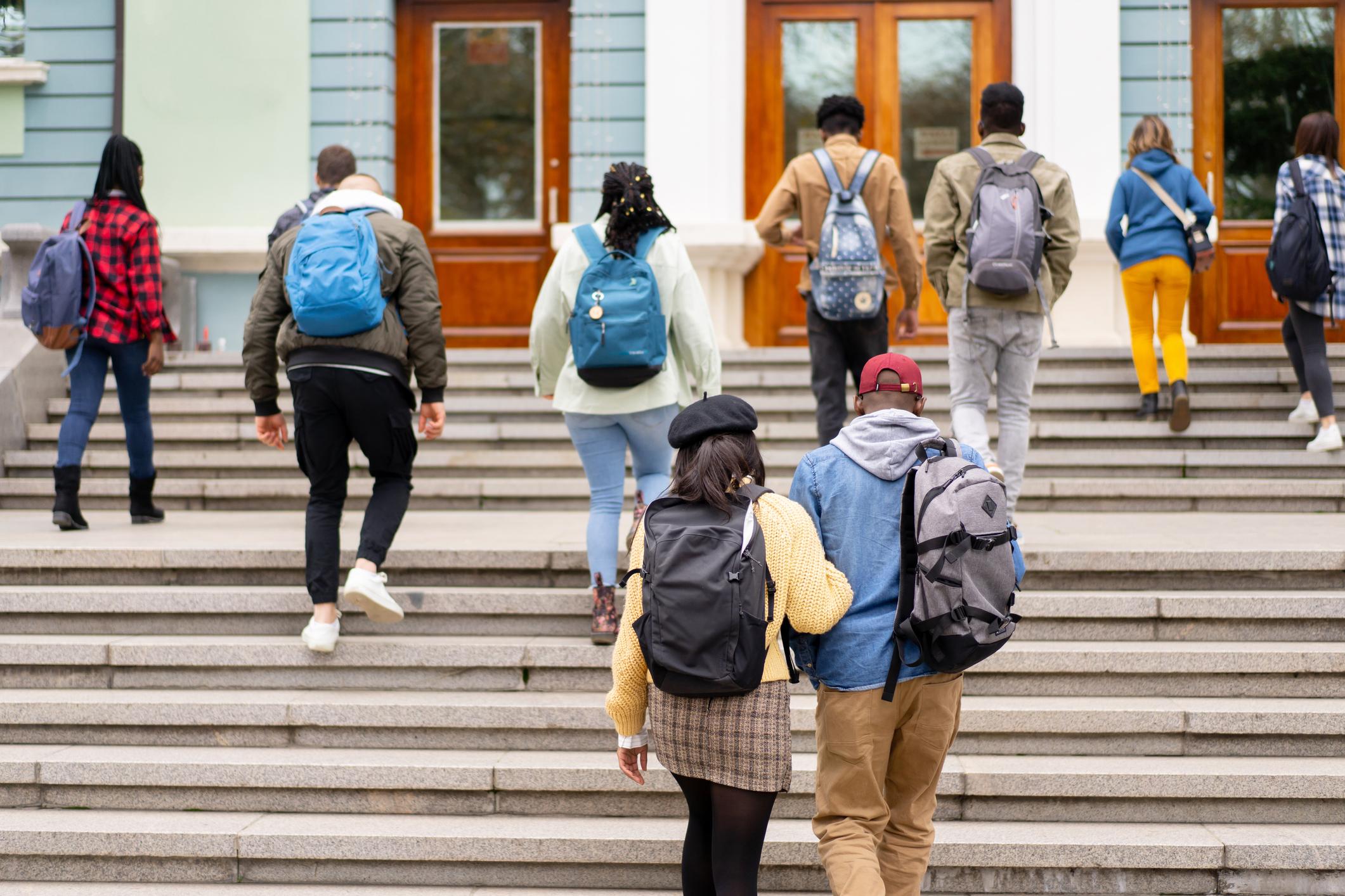 A group of students walking up the steps on their campus.