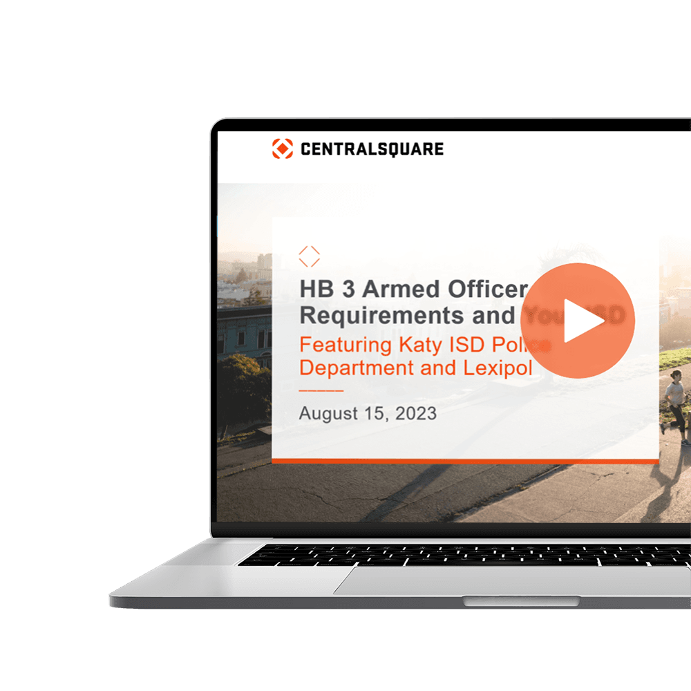 A screenshot of the HB 3 Armed Officer requirements webinar. The image shows a laptop with the title slide from the presentation.
