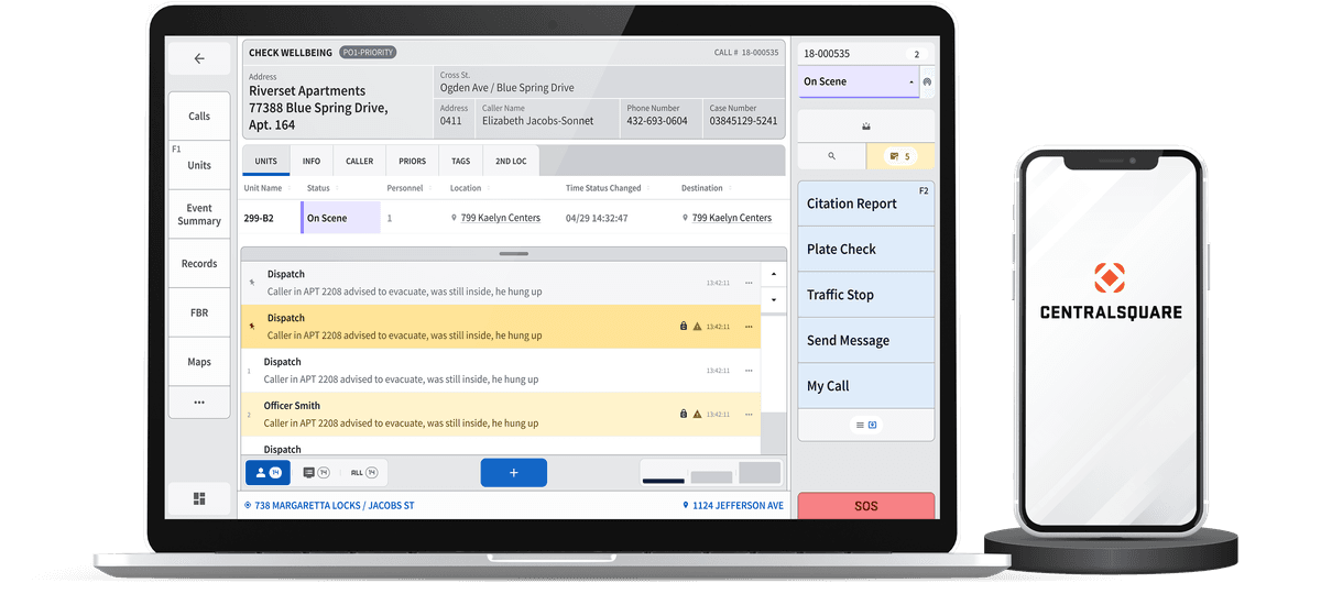 A screenshot showing CentralSquare's MobileX Enterprise software being run off a mobile phone but streaming to a laptop using a Samsung DeX docking system.