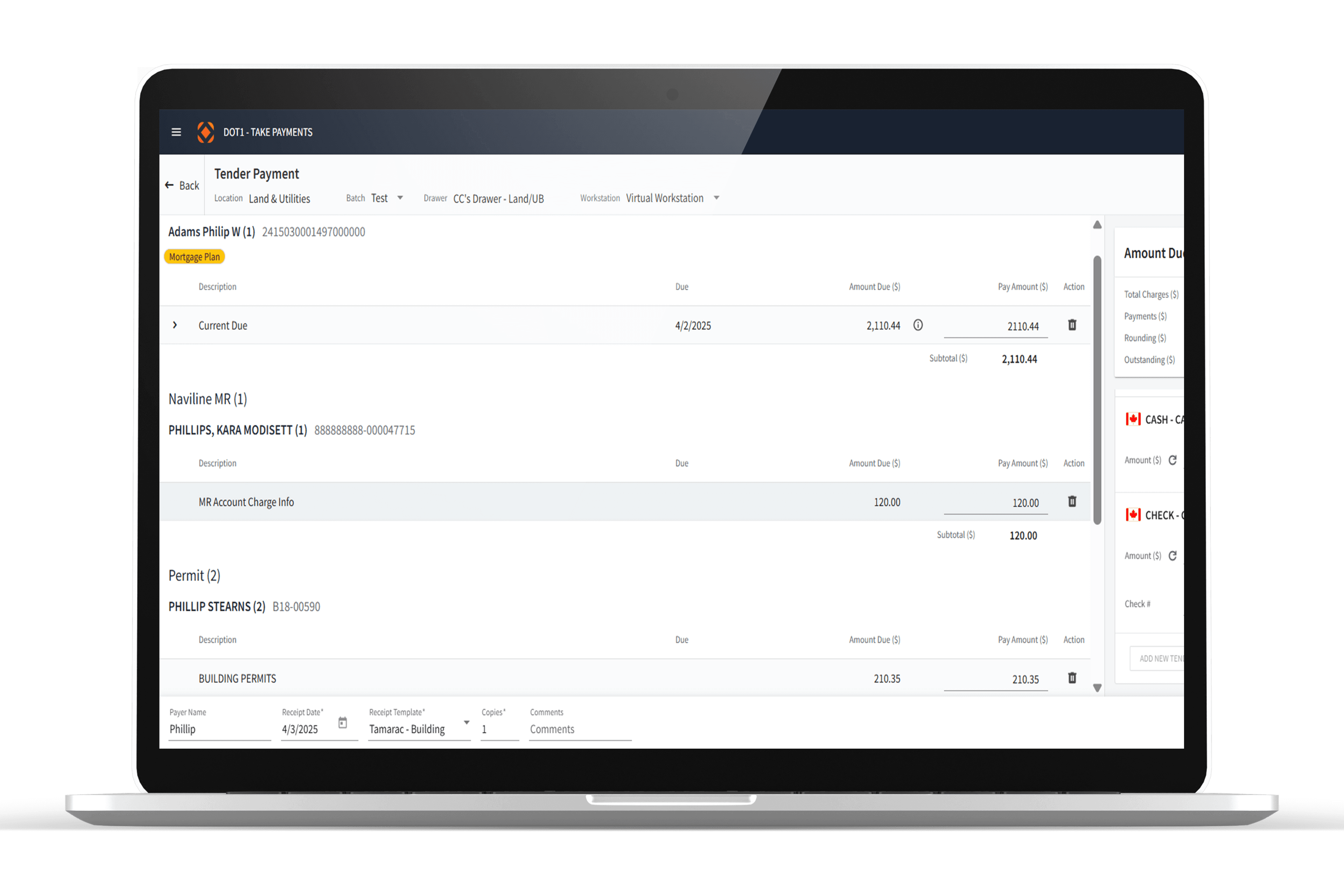 Laptop mockup of payments page for CentralSquare cash receipts