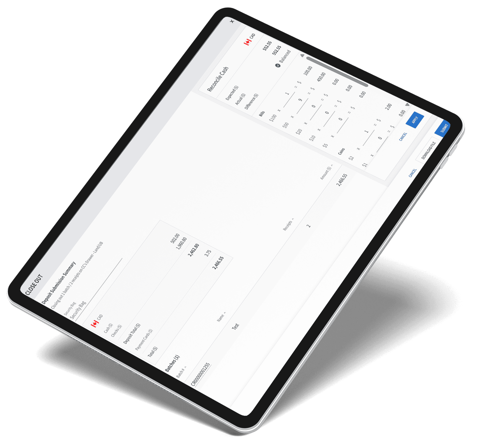 CentralSquare Cash Receipts close out screen on tablet