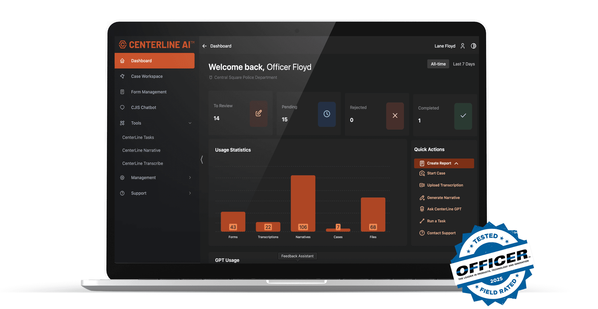 Screenshot of Centerline AI solution on a laptop screen with a Tested Officer.com Field Rating sticker on it