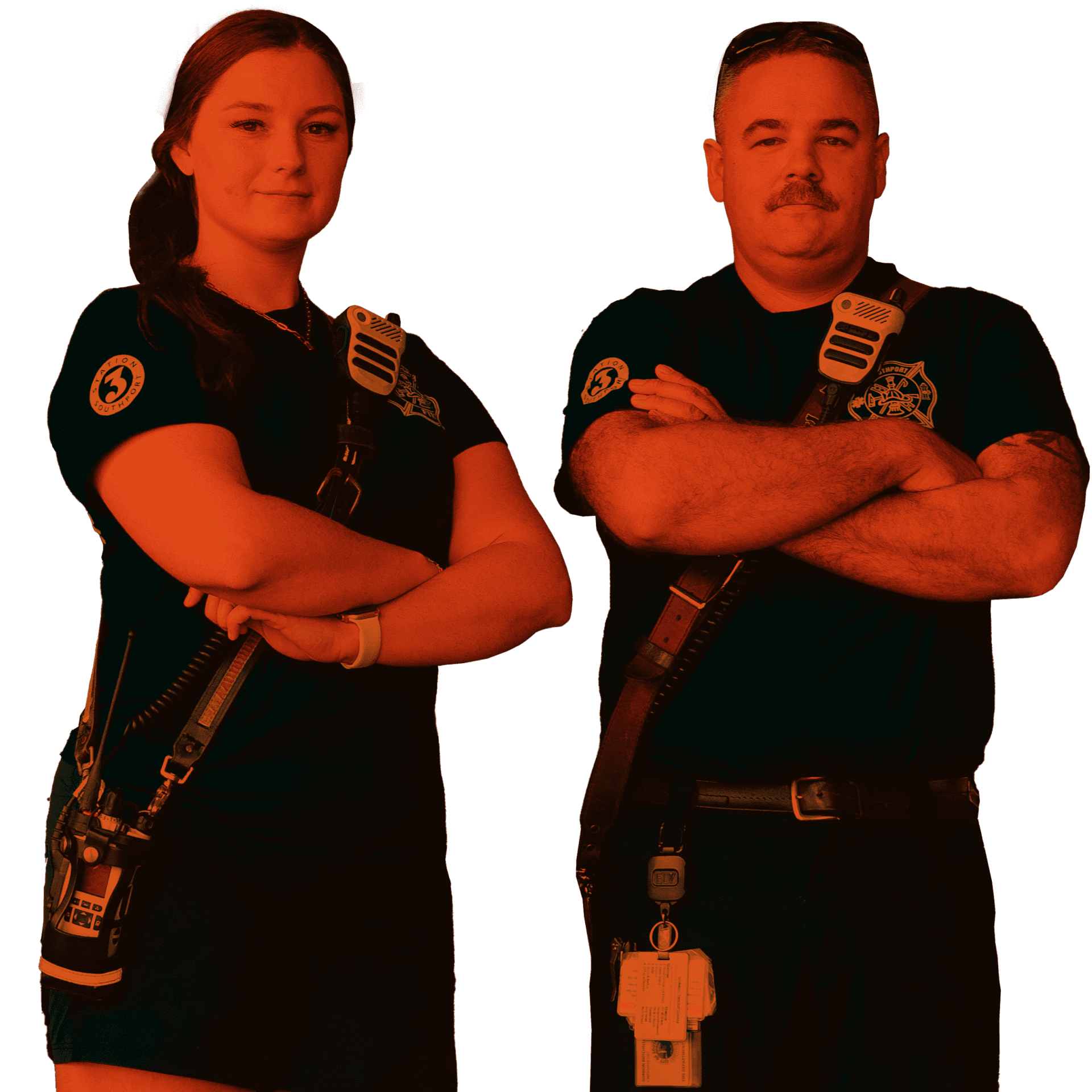 A man and woman EMT standing with their arms crossed looking at the camera heroically