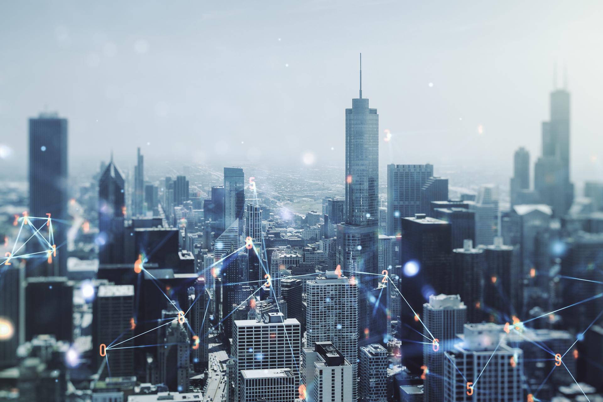 Abstract virtual technology sketch on Chicago office buildings background, future technology and AI concept. Double exposure