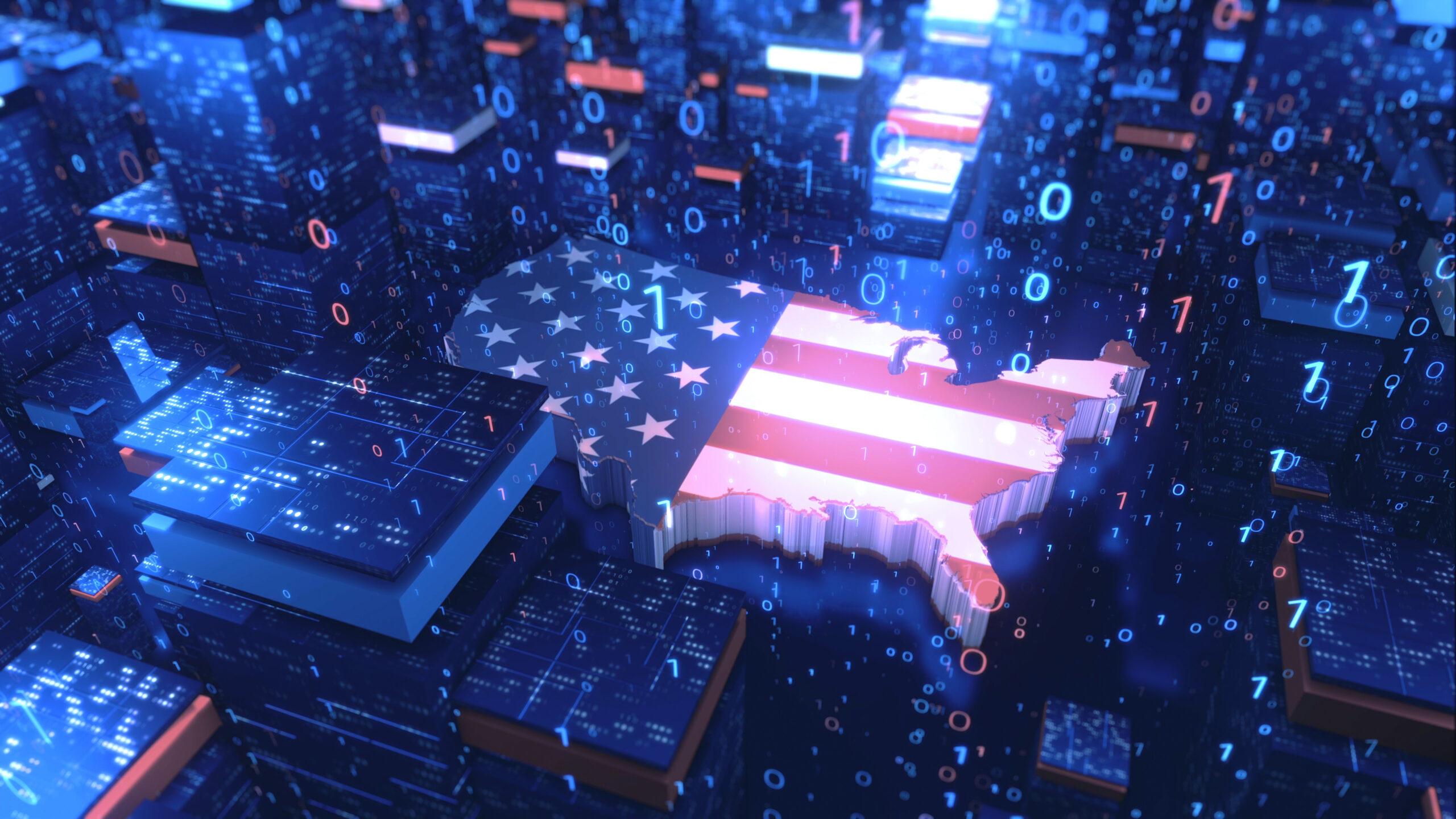 Map of the United States overlaid with binary code and glowing data cubes, representing digital transformation in government