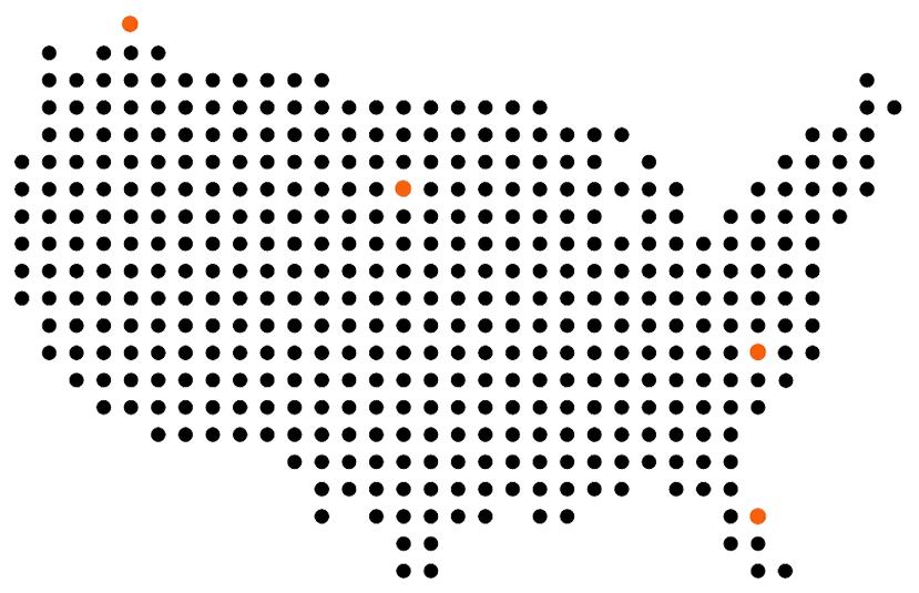 A stylized map of the United States that has 4 small orange dots indicating the locations of CentralSquare offices (Lake Mary, FL; High Point, NC; Sioux Falls, SD; and Kelowna, BC)