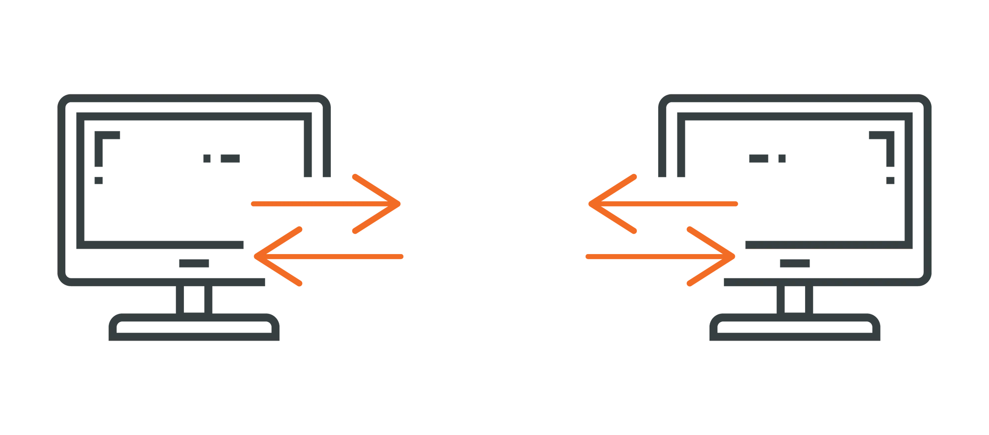 An icon depicting two laptops communicating with each other. This is illustrated with multiple arrows pointing between the devices.