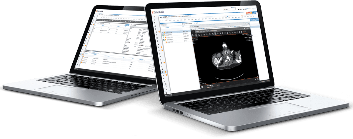 Two laptops with mockups of ClinicalLink.