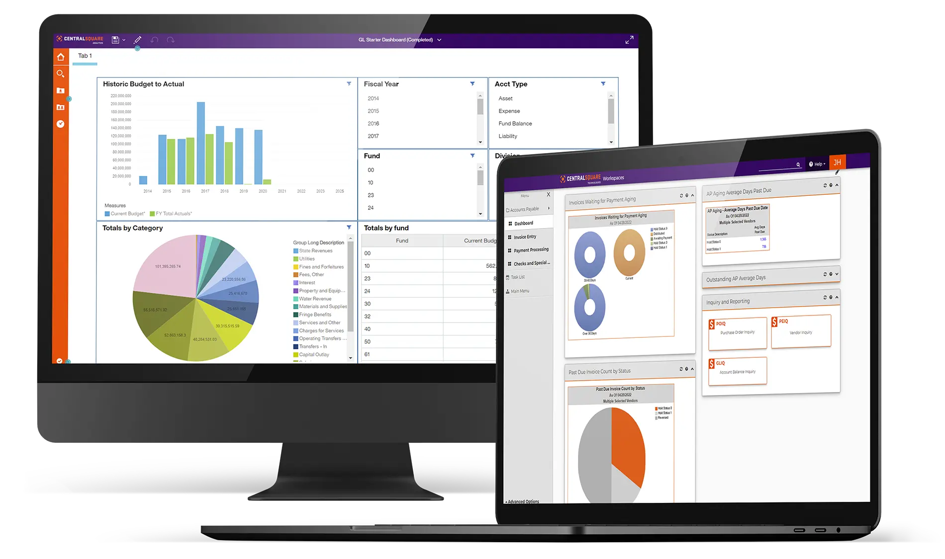 A desktop and laptop screen sit sit by side, both displaying data charts inside of CentralSquare's Analytics solution for public adminstration.